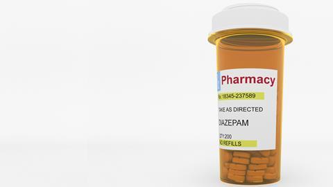 DIAZEPAM generic drug pills in a prescription bottle. Conceptual 3D rendering