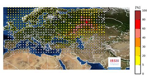 Map to summarise the results obtained and confirms that the most plausible zone of release lies between the Volga and the Urals