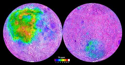 An image showing a map of the Moon (left: nearside; right: farside), generated from gamma-spectrometric data collected by the Lunar Prospector vessel