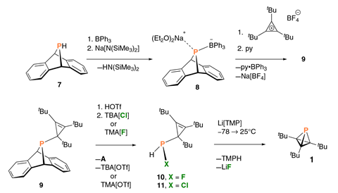 A scheme showing the synthesis of tri-tert-butyl phosphatetrahedrane