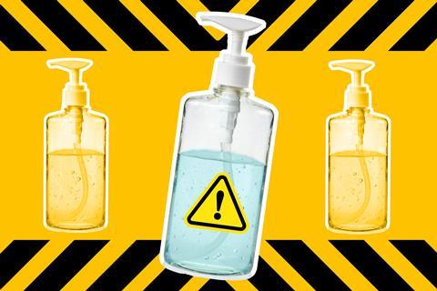 An image showing bottles of hand sanitiser on a warning backgrounf