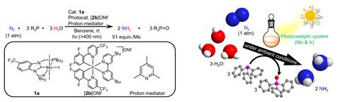 A scheme showing the conversion of nitrogen, water and a tertiary phosphine into ammonia and a phosphine oxide