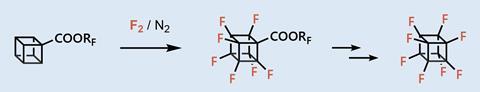 A reaction scheme showing the two-step prepartion of perfluorocubane