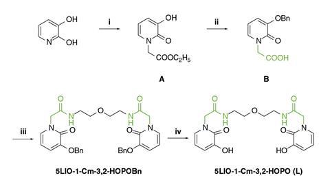 An image showing the synthesis procedure for 5LIO-1-Cm-3,2-HOPO