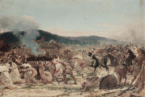 An image showing a painting of the battle as imagined by a 19th century Italian painter. It shows a number of people running away from and cowering as soldiers on horseback approach.