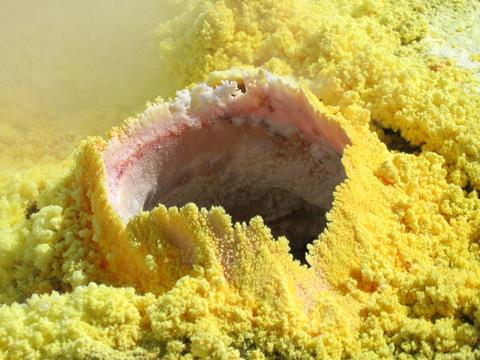 Sulfur occurs in fumaroles such as this one in Vulcano, Italy
