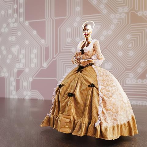 A picture showing a female cyborg wearing ball gown