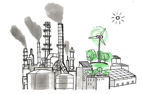 Cartoon showing traditional chemical plant on the left, with a biomass-fed plant runnig on renewable energy on the right