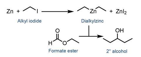 A scheme showing the conversion of formate ester into a tertiary alcohol catalysed by dialkylzinc made in situ