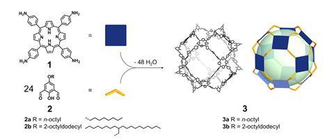 An image showing the design and synthesis of the gigantic porphyrinic cages