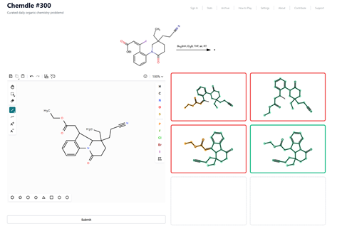 Screenshot of the Chemdle puzzle game. The main area displays a chemical structure. To the right are four smaller structure images – three outlined in red and one in green, indicating correctness. A drawing panel with chemical tools and element options is