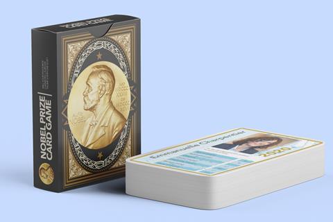 A box and deck of cards for the Nobel prize game