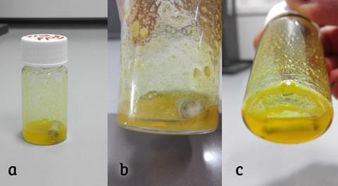 A series of photos showing gold wire disintegrating in a mixture