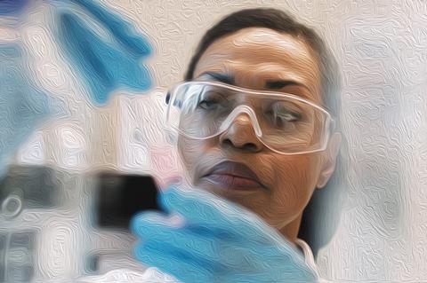 Image of a chemist in the lab, in the style of an oil painting