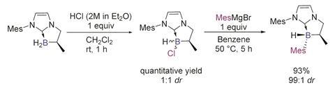 A scheme showing diastereoselective two-step preparation of chiral NHC-boranes