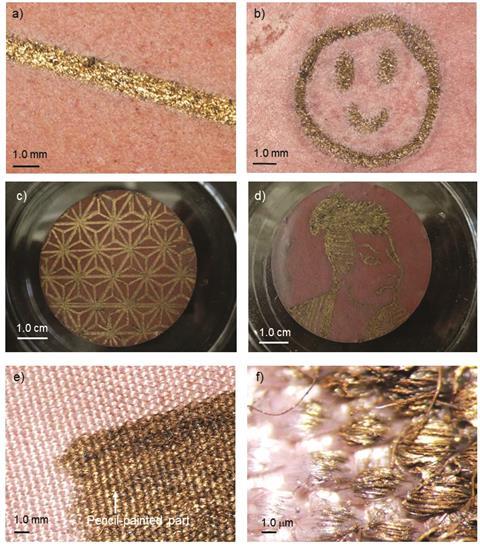 A picture showing the fabrication of the controlled glowing of AuNP patterns by pencil drawing