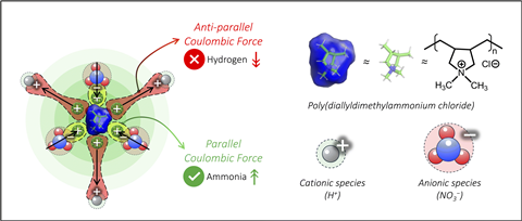 A diagram of a chemical reaction using spheres and arrows showing a chemical structure of polydiallyldimethalammonium chloride at the centre attracting three anionic species (nitrate ions) and repelling three cationic species (hydrogen ions)