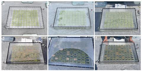 Photographs of the 10x10 ‘artificial leaf’ array reactor during the outdoor test