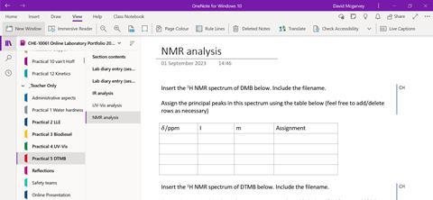 A screen shot of a Microsoft OneNote laboratory portfolio for a page on NMR analysis