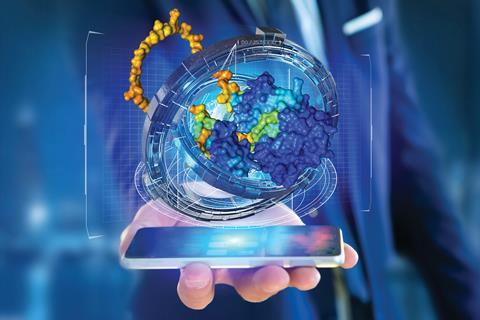 Protein structure projected from a mobile phone screen