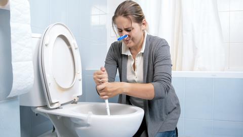 A woman with a peg on her nose cleans a toilet 