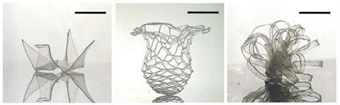 An image showing three transparent glass shapes next to each other: an origami bird, a latticework vase and a bow with many ribbons