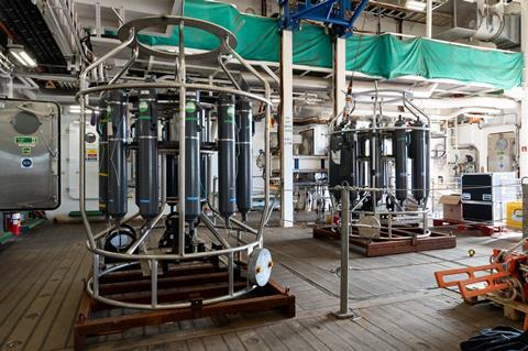 A rosette - or cage of Niskin bottles - for sampling seawater