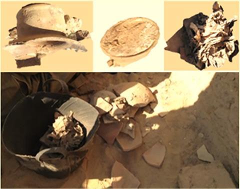 Jar and canvas discovered inside the tomb of Ptahmes, Mayor of Memphis during the XIX dynasty (photos by the authors).