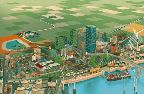 An illustration showing a sustainable city