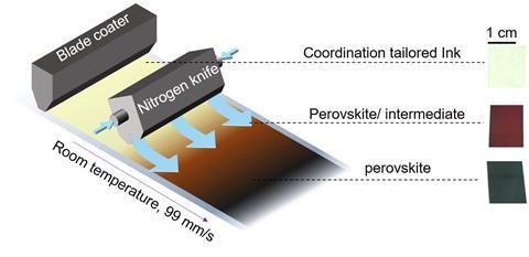 Schematic illustration for N2-knife–assisted blade coating of perovskite films at 99 mm/s at room temperature using coordination tailored ink