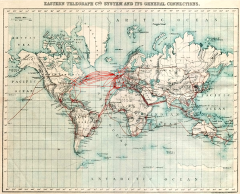 World map showing telegraph cable routes in 1901