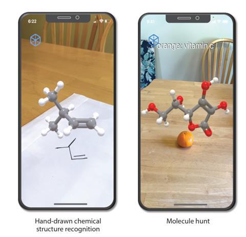 A smartphone screen showing a computer-generated chemical structure overlaying a hand-drawn one in a photo