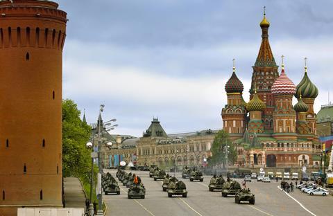 A military parade passes St Basil's cathedral, Red Square, Moscow