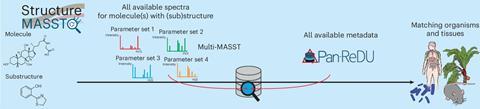 Diagram illustrating StructureMASST: multiple mass spectra for a molecule are searched simultaneously across public metabolomics datasets to retrieve matches along with associated metadata such as organisms, tissues and experimental conditions