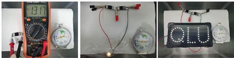 Three images, all with a power source in a circuit and a thermometer reading minus 24 degrees Celsius: A voltmeter reading 1.317 V, a simple circuit with a bulb, LED lights reading QLU