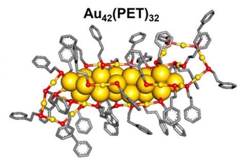 Optimized structures of Au42(PET)32 (Au42; PET = 2-phenylethanethiolate) obtained from DFT calculations.