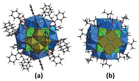 Molecular structures of the two {Np38} clusters Np38O56Cl18(bz)24(THF)8 (1, a) and Np38O56Cl42(ipa)20