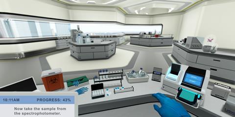A simluated lab with an avatar operating equipment
