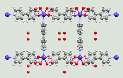 Crystal structure of Kitagawa's 1997 framework material {[M2(4, 4′-bpy)3(NO3)4]·xH2O}n (M = Co, Ni, Zn)