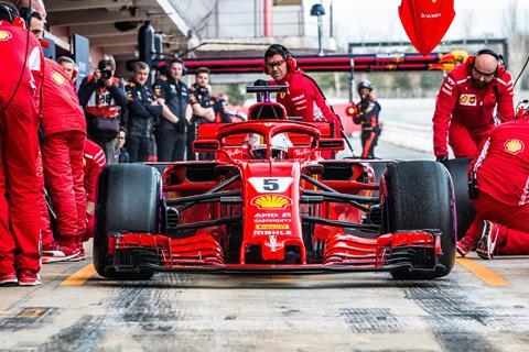 Sebastian Vettel (Germany) making a pitstop in the Scuderia Ferrari SF71H F1 2018 car during the F1 winter testing in March at Circuit de Barcelona-Catalunya.