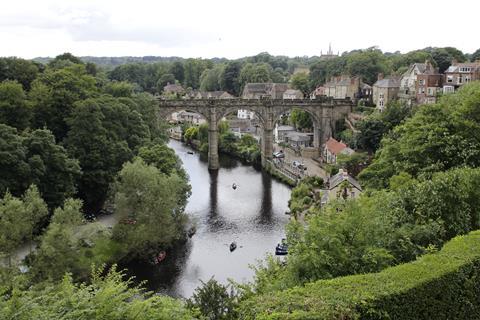 View of the River Nidd from the ruins of Knaresborough Castle, Knaresborogh, North Yorkshire, England. UK. 