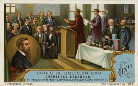 Liebig company trading card advert showing Hofmann giving a lecture