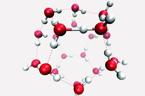 Digital image of water molecules exhibiting an usually strong hydrogen bond