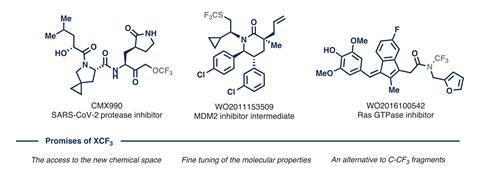 Three organic structures that include a carbon tri-flouride group