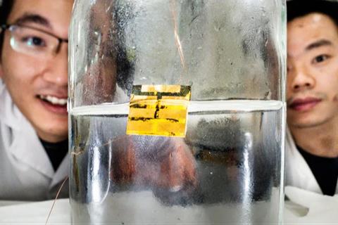 Flask in the foreground with two scientists looking at it in the background