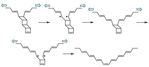 Proposed reaction pathway for mechanochemical unzipping of a single ladderene