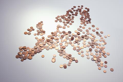 Europe map rendered in coins