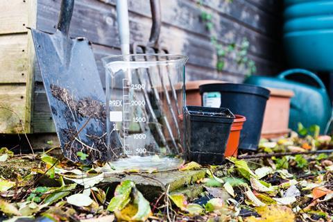 Chemistry equipment alongside domestic gardening tools