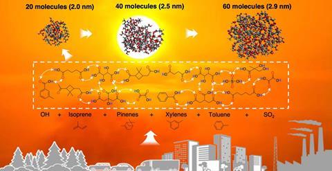 A diagram showing small organic molecules including isoprene, pinenes and sulfur dioxide combining during a heatwave to create large molecules that are 2 to 2.9 nanometres in size.