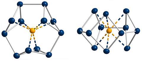 A diagram of the bismuth cluster's molecular structure from two angles